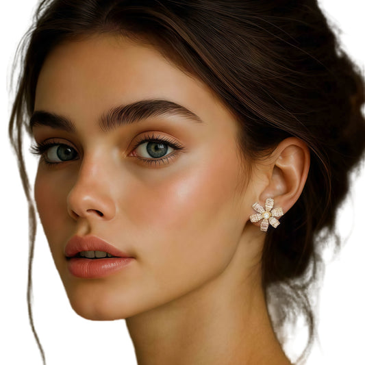 Pink Crystal Flower Earrings – Silver Post, Korean Handmade Statement Jewelry