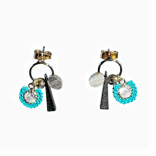 Geometric Charm Stud Earrings – Turquoise Crystal & Mixed Metal