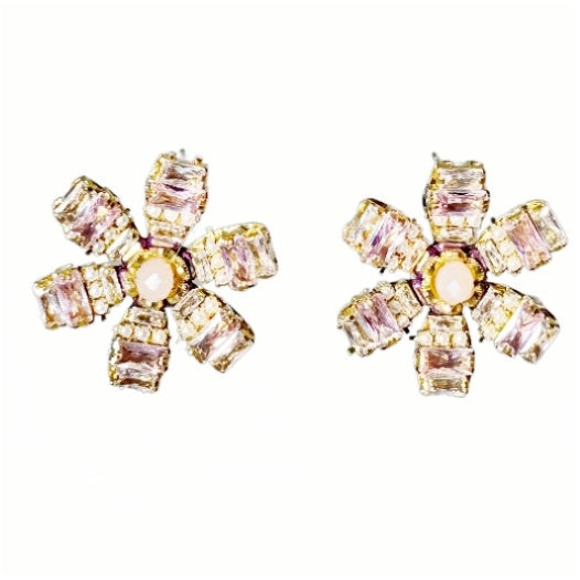 Pink Crystal Flower Earrings – Silver Post, Korean Handmade Statement Jewelry