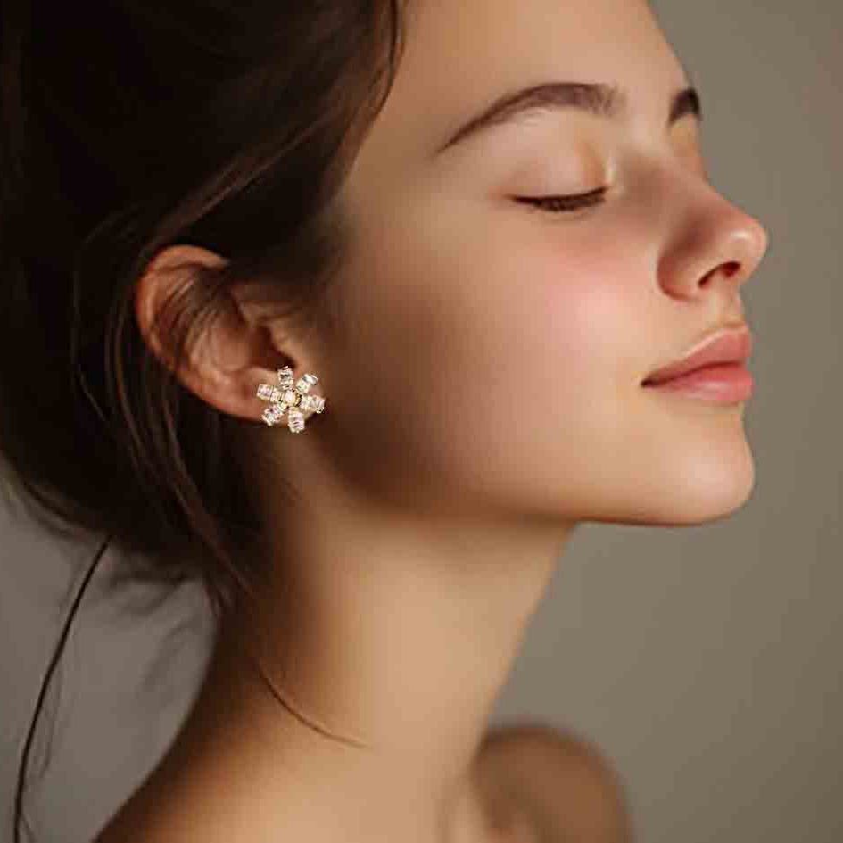 Pink Crystal Flower Earrings – Silver Post, Korean Handmade Statement Jewelry