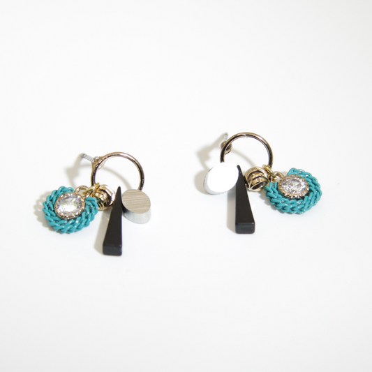 Geometric Charm Stud Earrings – Turquoise Crystal & Mixed Metal