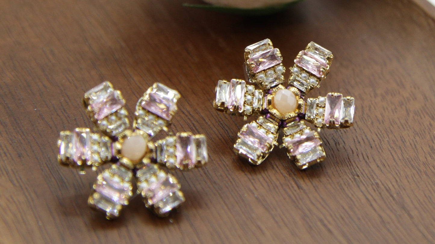 Pink Crystal Flower Earrings – Silver Post, Korean Handmade Statement Jewelry